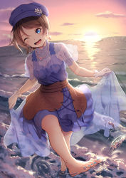 Rule 34 | 1girl, ;d, amagi (volfuji), blue dress, blue eyes, blue hat, blush, clothes lift, cloud, dress, dress lift, earrings, floral print, hat, highres, horizon, jewelry, kicking, looking at viewer, love live!, love live! sunshine!!, necklace, ocean, one eye closed, open mouth, outdoors, see-through, see-through dress, sky, smile, solo, sun, sunlight, sunset, watanabe you, water, water drop