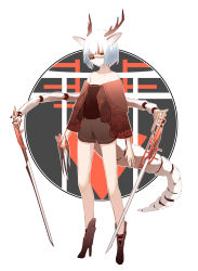 Rule 34 | 1girl, animal ears, antlers, asteroid ill, bad id, bad pixiv id, bare shoulders, closed mouth, collarbone, expressionless, eyepatch, full body, high heels, highres, horns, looking at viewer, original, solo, standing, tail, white hair, yellow eyes