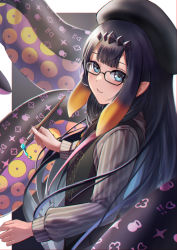 Rule 34 | 1girl, beret, blue eyes, dress, from side, glasses, gradient hair, grey shirt, hat, headpiece, highres, holding, holding paintbrush, hololive, hololive english, long hair, long sleeves, looking at viewer, mole, mole under eye, multicolored hair, ninomae ina&#039;nis, ninomae ina&#039;nis (casual), orange hair, paintbrush, parted lips, pinafore dress, pinstripe pattern, pinstripe shirt, pointy ears, purple hair, shirt, sleeveless, sleeveless dress, solo, striped, tentacle hair, tentacles, upper body, virtual youtuber, wszkii