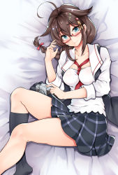 Rule 34 | 1girl, ahoge, alternate costume, bed sheet, bespectacled, black skirt, black socks, black vest, blue eyes, blush, breasts, brown hair, camera, closed mouth, collarbone, commentary request, from above, glasses, hair flaps, hair ornament, hair ribbon, head tilt, highres, impossible clothes, impossible shirt, kantai collection, kneehighs, long hair, long sleeves, looking at viewer, lying, medium breasts, neckerchief, no shoes, on back, open clothes, open vest, patterned clothing, plaid, plaid skirt, red-framed eyewear, red neckerchief, red ribbon, ribbon, semi-rimless eyewear, sezok, shigure (kancolle), shigure kai ni (kancolle), shirt, skirt, sleeves rolled up, smile, socks, solo, thighs, under-rim eyewear, vest, white shirt