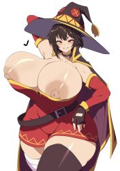 Rule 34 | 1girl, alternate breast size, asymmetrical legwear, bandages, belt, blush, breasts, brown hair, cape, choker, collarbone, curvy, detached sleeves, dress, female focus, fingerless gloves, gloves, hat, heart, highres, huge areolae, huge breasts, huge nipples, kono subarashii sekai ni shukufuku wo!, large areolae, looking at viewer, medium hair, megumin, nipple slip, nipples, parted lips, plump, red eyes, shiny skin, short dress, sinensian, smile, solo, thick thighs, thighhighs, thighs, wide hips, witch hat, wizard hat