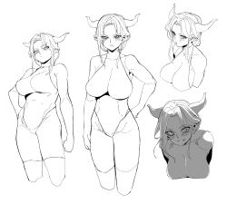 Rule 34 | 1girl, absurdres, blush, breasts, closed mouth, greyscale, hand on own hip, highleg, highleg leotard, highres, horns, large breasts, leotard, looking at viewer, miitoban, monochrome, multiple views, original, parted lips, pointy ears, simple background, slit pupils, smile, thighhighs, white background, wide-eyed