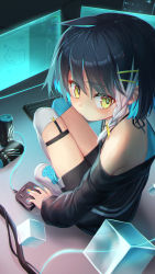 Rule 34 | 1girl, artist name, asymmetrical legwear, black hair, black shirt, black shorts, blue hair, blue thighhighs, bob cut, braid, can, closed mouth, colored inner hair, commentary, cube, drink can, from behind, grey hair, grey thighhighs, hair ornament, hairclip, halterneck, highres, holographic interface, keyboard (computer), light frown, long sleeves, looking at viewer, looking back, mismatched legwear, mitake eil, monster energy, multicolored hair, off shoulder, original, shirt, shoes, short hair, short shorts, shorts, side braid, signature, sitting, soda can, solo, thighhighs, white footwear, yellow eyes
