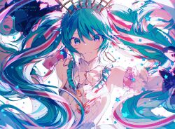 Rule 34 | 1girl, absurdly long hair, aqua eyes, aqua hair, aqua theme, armpits, arms up, backlighting, bare shoulders, bow, breasts, brooch, chromatic aberration, chulixun1, colorful festival (project sekai), dated, detached sleeves, dress, earrings, floating hair, frilled shirt collar, frills, gold trim, hair between eyes, hair ribbon, happy birthday, hatsune miku, high collar, highres, hoop earrings, jewelry, juliet sleeves, light blush, light particles, limited palette, long hair, long sleeves, looking at viewer, neck ribbon, no nose, official alternate costume, official alternate hairstyle, parted lips, pink theme, project sekai, puffy sleeves, red bow, ribbon, roman numeral, sidelocks, single vertical stripe, sleeve bow, sleeveless, sleeveless dress, small breasts, smile, solo, star (symbol), star brooch, striped ribbon, tiara, tsurime, twintails, upper body, very long hair, vocaloid, wavy hair, white dress, white ribbon, yellow bow