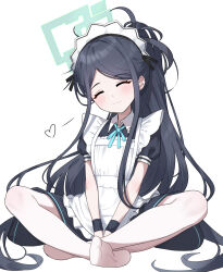 Rule 34 | 1girl, absurdly long hair, aqua halo, aris (blue archive), aris (maid) (blue archive), black hair, blue archive, closed eyes, closed mouth, green halo, halo, heart, highres, long hair, maid, maid headdress, official alternate costume, rectangular halo, simple background, smile, solo, teallysky, very long hair, white background