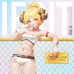 Rule 34 | 1girl, absurdres, against fence, arknights, arm strap, armpits, bandaged hand, bandages, bare shoulders, bikini, blonde hair, blush, bright pupils, candy, chain-link fence, character name, collar, collarbone, commentary request, cowboy shot, english text, fence, food, gluteal fold, gradient hair, highres, holding, holding food, horns, ifrit (arknights), ifrit (sunburn) (arknights), licking, lollipop, looking at viewer, material growth, mixed-language commentary, multicolored hair, navel, official alternate costume, orange eyes, orange hair, oripathy lesion (arknights), parted bangs, short hair, sign, slit pupils, solo, stomach, strapless, strapless bikini, swimsuit, text background, tongue, tongue out, v-shaped eyebrows, white bikini, zhengqi zhizi sg