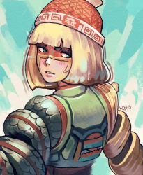 Rule 34 | 1girl, arms (game), beanie, blonde hair, blush, chinese clothes, facepaint, food, green eyes, hat, highres, looking at viewer, mask, min min (arms), noodles, short hair, solo