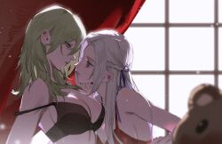 Rule 34 | 2girls, bare shoulders, black bra, bra, breasts, byleth (female) (fire emblem), byleth (fire emblem), caicaicaicai ni caicai, cleavage, curtains, edelgard von hresvelg, fire emblem, fire emblem: three houses, from side, girl on top, green eyes, green hair, hair between eyes, hair ribbon, hand on another&#039;s chin, highres, large breasts, leaning on person, looking at another, looking down, looking up, medium breasts, multiple girls, nintendo, parted bangs, purple eyes, purple ribbon, red bra, ribbon, sideboob, stuffed animal, stuffed toy, teddy bear, underwear, white hair, window, yuri