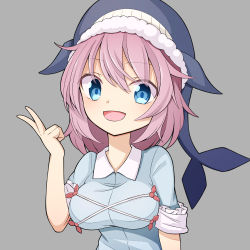 Rule 34 | 1girl, animal hat, blue eyes, blue hat, blue shirt, breasts, hat, hekkmushi, highres, large breasts, medium hair, okunoda miyoi, open mouth, pink hair, shirt, smile, solo, touhou, whale, whale hat