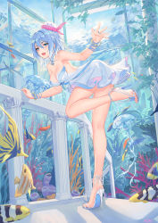 Rule 34 | 1girl, :d, air bubble, animal, arm up, atdan, bare legs, bare shoulders, blue eyes, blue footwear, blue hair, blush, bracelet, breasts, bubble, cleavage, coral, day, dress, fang, feet, fish, from behind, hair between eyes, haiyi, hat, high heels, highres, jellyfish, jewelry, leaning forward, legs, long hair, long legs, looking at viewer, looking to the side, md5 mismatch, medium breasts, open mouth, railing, sandals, shoe soles, smile, solo, standing, standing on one leg, strapless, strapless dress, synthesizer v, underwater, water, white dress