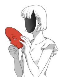 Rule 34 | 1girl, bob cut, closed eyes, frilled sleeves, frills, holding, holding mask, hole in face, mask, monochrome, original, shokugyo, short hair, short sleeves, solo, spot color, surreal, upper body