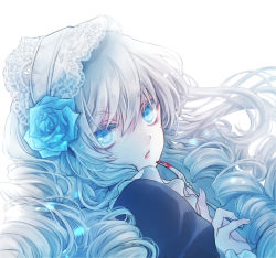 Rule 34 | 1girl, aqua flower, aqua rose, blood, blue eyes, blue flower, blue nails, blue rose, blue theme, bonnet, colored eyelashes, flower, fork, frills, grey hair, holding, holding fork, kashin reina, lace, long hair, looking at viewer, nail polish, original, parted lips, portrait, ringlets, rose, simple background, solo, white background