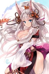 Rule 34 | 10s, 1girl, animal ears, artist name, beads, blue eyes, blush, bow, breasts, cleavage, collarbone, detached sleeves, erune, hand fan, folding fan, granblue fantasy, hair beads, hair ornament, hair ribbon, hip focus, ice (ice aptx), large breasts, long hair, pelt, ribbon, sash, silver hair, simple background, smile, societte (granblue fantasy), solo, very long hair, white background, wide sleeves