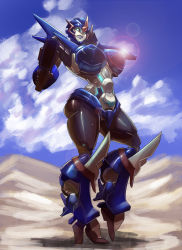 Rule 34 | 1girl, absurdres, aiming, aiming at viewer, arcee, arcee (prime), arm behind head, autobot, blue eyes, breasts, clenched teeth, commentary, commission, cosmikaizer, english commentary, gun, handgun, highres, holding, holding gun, holding weapon, large breasts, lens flare, mecha, pistol, pubic tattoo, robot, solo, tattoo, teeth, transformers, transformers prime, weapon