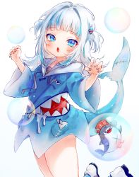 Rule 34 | 1girl, :o, bloop (gawr gura), blue eyes, blue hair, blue hoodie, bubble, claw pose, commentary, drawstring, fins, fish tail, gawr gura, gawr gura (1st costume), hair ornament, highres, hololive, hololive english, hood, hoodie, in bubble, jumping, long hair, long sleeves, looking at viewer, multicolored hair, open mouth, shark girl, shark tail, sharp teeth, simple background, smile, streaked hair, syukonbu, tail, teeth, two side up, virtual youtuber, white footwear, white hair