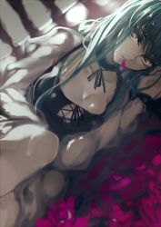 Rule 34 | 1girl, breasts, c.c., cleavage, code geass, creayus, flower, green hair, large breasts, long hair, looking at viewer, lying, on side, rose, solo, yellow eyes