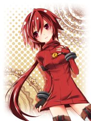 Rule 34 | 1girl, 3373 (echoes), bad id, bad pixiv id, deadxdead, elsword, elsword (character), frown, gender request, genderswap, gloves, knight (elsword), long hair, ponytail, red eyes, red hair, red theme, sepia background, sweater, thighhighs