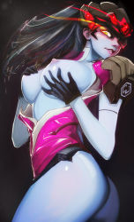 Rule 34 | 1girl, ass, black gloves, black hair, bodysuit, breast hold, breasts, breasts out, center opening, colored skin, cowboy shot, eyelashes, gloves, glowing, glowing eyes, grey skin, head-mounted display, huan tuo, large breasts, long hair, looking at viewer, nipples, overwatch, overwatch 1, pale skin, parted lips, ponytail, short sleeves, solo, visor, widowmaker (overwatch), yellow eyes, zzoggomini
