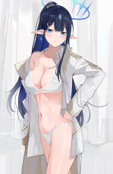 Rule 34 | 1girl, arm at side, black hair, blue archive, blue eyes, blue hair, blush, bra, breasts, cleavage, closed mouth, coat, colored inner hair, cowboy shot, curtains, dema hmw, expressionless, groin, halo, hand on own hip, highres, lace, lace-trimmed bra, lace-trimmed panties, lace trim, large breasts, linea alba, long hair, looking at viewer, multicolored hair, navel, off shoulder, open clothes, open coat, panties, pointy ears, ponytail, rin (blue archive), single bare shoulder, solo, stomach, thighs, two-tone hair, underwear, white background, white bra, white panties