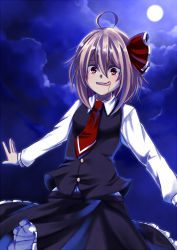Rule 34 | 1girl, :d, ahoge, black skirt, blonde hair, blood, blood from mouth, blouse, bow, cloud, cloudy sky, commentary request, full moon, hair between eyes, hair bow, huleito, licking lips, moon, necktie, open mouth, outstretched arms, red bow, red eyes, red necktie, rumia, shirt, short hair, skirt, sky, smile, solo, tongue, tongue out, touhou, vest, white shirt, wing collar