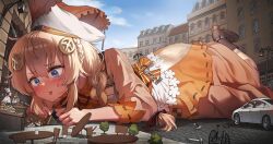 Rule 34 | 1girl, absurdres, bicycle, blonde hair, blue eyes, braid, brown dress, car, choco (neural cloud), city, commission, dress, fnc (girls&#039; frontline), giant, giantess, girls&#039; frontline, girls&#039; frontline neural cloud, hair ornament, hat, highres, kkasi00, long hair, motor vehicle, outdoors, second-party source, solo, table, white headwear