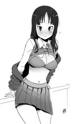 Rule 34 | 1girl, akiyama mio, blush, bra, breasts, cleavage, clothes lift, greyscale, highres, k-on!, large breasts, lingerie, long hair, monochrome, navel, off shoulder, pleated skirt, qiqo, school uniform, shirt lift, simple background, sketch, skirt, solo, sweater vest, underwear