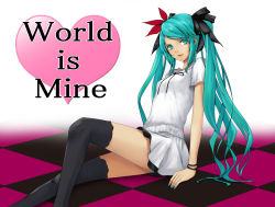 Rule 34 | 1girl, aqua eyes, aqua hair, arm support, bad id, bad pixiv id, bracelet, checkered floor, female focus, floor, gradient background, hatsune miku, jewelry, long hair, sitting, skirt, solo, thighhighs, twintails, very long hair, vocaloid, world is mine (vocaloid)
