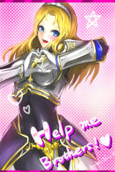 Rule 34 | 1girl, armor, blonde hair, blue eyes, blush, english text, headband, heart, heart hands, highres, kumiko shiba, league of legends, long hair, lux (league of legends), open mouth, signature, solo, star (symbol)