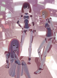 Rule 34 | 3girls, absurdres, against railing, android, bloom, bob cut, cityscape, contrapposto, highres, joints, mechanical hands, mechanical parts, multiple girls, railing, robot joints, sitting, standing, sukabu
