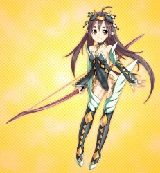 Rule 34 | bare shoulders, bow (weapon), brown eyes, brown hair, choker, detached sleeves, elf, leotard, long hair, pointy ears, poporon, smile, solo, weapon
