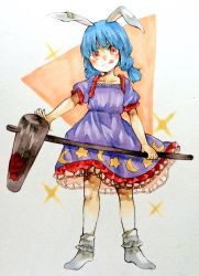 Rule 34 | 1girl, animal ears, blue dress, blue hair, blush, cacts (pikasan), collarbone, dress, earclip, full body, highres, kine, looking at viewer, mallet, puffy short sleeves, puffy sleeves, rabbit ears, red eyes, seiran (touhou), short sleeves, simple background, socks, solo, standing, tongue, tongue out, touhou, traditional media, twintails, white background, white socks