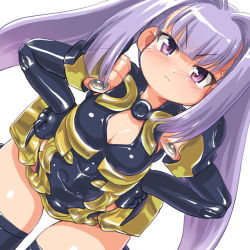 Rule 34 | 10s, 1girl, anger vein, angry, bad id, bad pixiv id, black thighhighs, breasts, busou shinki, cleavage, dd (ijigendd), doll joints, dutch angle, gloves, hands on own hips, joints, leaning forward, long hair, pout, purple eyes, purple hair, sharatang, sharatang (busou shinki), skirt, solo, thighhighs, thighs