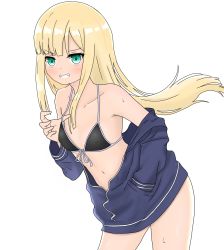 Rule 34 | 1girl, atsumisu, bad id, bad pixiv id, bare shoulders, bikini, bikini top only, black bikini, blonde hair, blue jacket, blush, collarbone, fate (series), floating hair, front-tie top, green eyes, grin, hand in pocket, highres, jacket, leaning forward, long hair, long sleeves, looking at viewer, lord el-melloi ii case files, off shoulder, open clothes, open jacket, reines el-melloi archisorte, simple background, smile, solo, sweat, swimsuit, v-shaped eyebrows, very long hair, white background