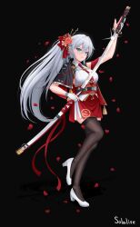 Rule 34 | 1girl, absurdres, black thighhighs, blue eyes, breasts, closed mouth, falling petals, gloves, grey hair, hair ornament, hair stick, high heels, highres, holding, holding sheath, holding sword, holding weapon, katana, long hair, looking at viewer, medium breasts, original, partially fingerless gloves, petals, ponytail, sheath, simple background, solalise, solo, standing, standing on one leg, sword, thighhighs, weapon, white gloves