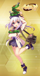 Rule 34 | 1girl, arm up, bison cangshu, boots, english text, first aid kit, full body, hat, highres, honeycomb (pattern), honeycomb background, honeycomb pattern, long hair, open mouth, purple eyes, sailor collar, skirt, sleeves past wrists, socks, solo, warship girls r, wrench, yellow background, yukikaze (warship girls r)