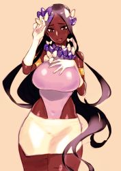 Rule 34 | 1girl, arjuna (fate), armlet, bad id, bad tumblr id, black hair, blush, bow, breasts, brown eyes, cowboy shot, dark-skinned female, dark skin, embarrassed, eyelashes, fate/grand order, fate (series), genderswap, genderswap (mtf), gloves, hair bow, highleg, highleg leotard, highres, huge breasts, impossible clothes, impossible leotard, legs together, leotard, long hair, looking away, parted bangs, parted lips, pencil skirt, pink leotard, rokkotsu, skirt, solo, standing, sweat, very long hair, white background, white gloves, white skirt