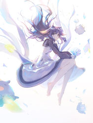 Rule 34 | 1girl, alternate costume, bare legs, barefoot, black dress, blue eyes, bouquet, dress, feet, floating, floating hair, flower, from side, full body, gloves, grin, hashtag-only commentary, highres, holding, holding bouquet, hololive, hololive english, legs, light blush, long sleeves, looking at viewer, mole, mole under eye, neck ribbon, ninomae ina&#039;nis, ninomae ina&#039;nis (6th costume), pinafore dress, puffy long sleeves, puffy sleeves, purple hair, purple ribbon, ribbon, sleeveless, sleeveless dress, smile, solo, takodachi (ninomae ina&#039;nis), tallgeese (lgeesel), tentacle hair, toes, two-tone dress, virtual youtuber, white dress, white gloves