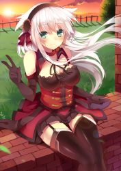 Rule 34 | 1girl, anceril sacred, bad id, bad pixiv id, black thighhighs, breasts, brick wall, cleavage, cloud, detached sleeves, dress, elbow gloves, garter straps, gloves, green eyes, headband, large breasts, legs, mishima kurone, ocean, original, revision, sitting, sky, solo, sunset, thigh gap, thighhighs, thighs, v, water, white hair