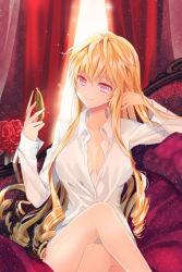 Rule 34 | 1girl, blonde hair, bouquet, breasts, cinia pacifica, cleavage, collarbone, curtains, dress shirt, drill hair, female focus, flower, holding, indoors, large breasts, legs, crossed legs, long hair, lowres, naked shirt, pink eyes, reum, rose, shirt, sitting, smile, solo, sword girls, very long hair