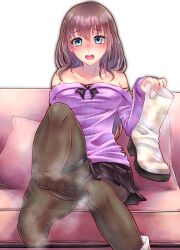 Rule 34 | 1girl, absurdres, blue eyes, blush, boots, unworn boots, brown hair, couch, feet, highres, holding, holding shoes, long hair, looking at viewer, open mouth, pantyhose, shoes, unworn shoes, sitting, soles, steam, toes