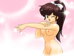Rule 34 | blush, breasts, covering privates, kj (k777), kuonji ukyou, large breasts, nude, nude cover, ranma 1/2, smile, wink