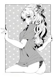 Rule 34 | 1boy, add, bikini, black shirt, blonde hair, blush, closed mouth, embarrassed, filter-goshi no kanojo, grey hair, hands up, heart (symbol), highres, koto mitsuha, long hair, looking at viewer, looking back, official art, purple eyes, shirt, simple background, sitting, solo, swimsuit, very long hair, white shirt