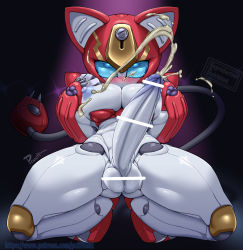 Rule 34 | 1girl, ahegao, android, animal ears, bar censor, blue eyes, blue sclera, blush, bolt, breasts, cable, cat ears, censored, colored sclera, colored skin, cum, erection, full body, futanari, hands up, humanoid robot, joints, kneeling, large breasts, mechanical ears, medarot, nipples, no mouth, patreon username, penis, peppercat, pochincoff, projectile cum, purple background, robot, robot joints, rolling eyes, signature, solo, tail, tears, testicles, white skin