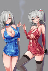 Rule 34 | 2girls, absurdres, alternate costume, black thighhighs, blue dress, blue eyes, blue sleeves, bodycon, cigarette, clothing cutout, detached sleeves, dress, grey background, hair ornament, hair over one eye, hairclip, hamakaze (kancolle), highres, holding, holding cigarette, kantai collection, kashima (kancolle), long hair, looking at viewer, monte (koupin), multiple girls, red dress, red sleeves, short dress, short hair, sidelocks, smoke, smoking, standing, thighhighs, twintails