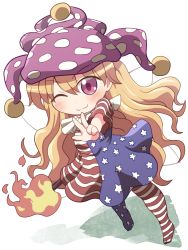 Rule 34 | 1girl, american flag dress, american flag legwear, blonde hair, blush, closed mouth, clownpiece, dress, fairy, fairy wings, full body, hair between eyes, hat, highres, holding, holding torch, jester cap, long hair, one eye closed, pantyhose, pink eyes, pink hat, polka dot, polka dot headwear, rokugou daisuke, short sleeves, signature, smile, solo, star (symbol), star print, striped clothes, striped dress, striped pantyhose, torch, touhou, v, wings