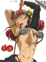 Rule 34 | 00s, 1girl, arm up, armor, armpits, bikini, bikini armor, blush, breasts, claudette (queen&#039;s blade), claudette (queen's blade), claudette lord of thundercloud, cleavage, female focus, green eyes, helmet, highres, hisayuki hirokazu, large breasts, long hair, looking at viewer, muscular, navel, nigou, open mouth, queen&#039;s blade, red hair, solo, sweat, swimsuit, sword, tearing clothes, torn bikini, torn clothes, underboob, weapon