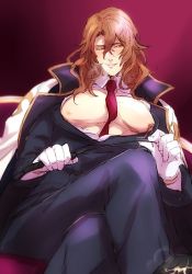 Rule 34 | 10s, 1boy, breath, brown hair, crossed legs, detached collar, formal, gloves, granblue fantasy, jacket, jacket on shoulders, long hair, male focus, naughty face, necktie, nipples, open clothes, open shirt, pectorals, purple background, red necktie, riding crop, shirt, siegfried (granblue fantasy), sitting, siwomi, suit, the dragon knights, wavy hair, white gloves