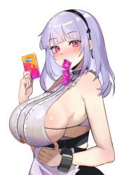 Rule 34 | 1girl, absurdres, apron, azur lane, bare shoulders, black hairband, blush, breasts, center frills, clothing cutout, commentary request, condom, condom in mouth, condom packet strip, condom wrapper, dido (azur lane), frilled shirt, frills, from side, hairband, hand up, highres, holding, holding condom, jintianhuahualema, large breasts, long hair, looking at viewer, mouth hold, red eyes, shirt, sideboob, silver hair, simple background, sleeveless, sleeveless shirt, solo, underboob, underboob cutout, upper body, waist apron, white apron, white background, white shirt, wrist cuffs