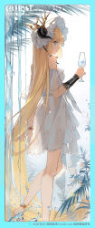 Rule 34 | 1girl, absurdly long hair, anklet, arknights, bare shoulders, barefoot, blonde hair, blue border, blue eyes, blunt bangs, bonnet, border, bracelet, breasts, character name, closed mouth, cup, dress, drink, drinking glass, from side, highres, holding, holding cup, horns, horns through headwear, jewelry, leg up, long hair, looking at viewer, looking to the side, medium breasts, nightingale (arknights), off-shoulder dress, off shoulder, profile, see-through, smile, solo, standing, standing on one leg, very long hair, water, white dress, white headwear, zhanzhan lan