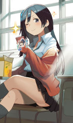 Rule 34 | 1girl, ;), absurdres, bad id, bad pixiv id, bendy straw, black hair, black skirt, blue eyes, blue scrunchie, blush, brown jacket, cellphone, cellphone charm, chair, character request, charm (object), closed mouth, collared shirt, crossed legs, diagonal-striped neckwear, drinking straw, feet out of frame, grey socks, hair ornament, hair scrunchie, hatsune miku, highres, holding, holding phone, jacket, juice box, kasa list, long hair, long sleeves, looking at viewer, love live!, nail polish, necktie, off shoulder, on chair, one eye closed, one side up, open clothes, open jacket, phone, pink nails, pleated skirt, school uniform, scrunchie, shirt, sitting, skirt, sleeves past wrists, smile, socks, solo, sparkle, striped necktie, striped neckwear, sunlight, v-shaped eyebrows, very long hair, vocaloid, white shirt, window